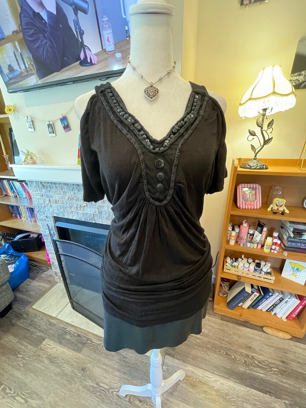 black cold shoulder beaded with buttons blouse